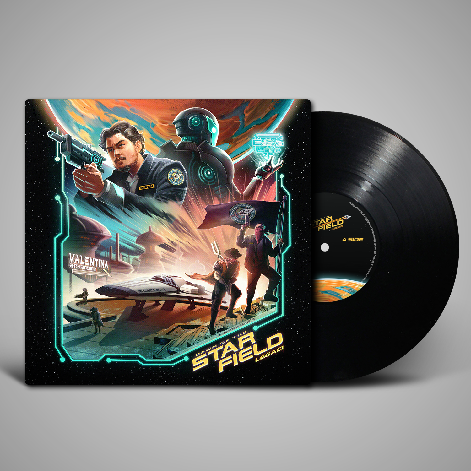 Vinyl record with a colorful cover featuring characters and text on a gray background